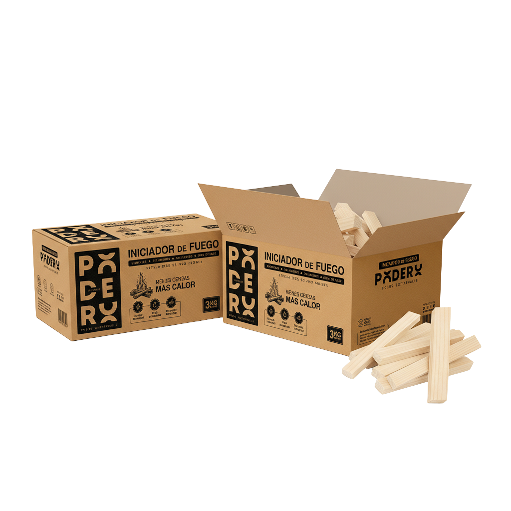 Dos cajas de iniciadores de fuego de astilla seca natural de 3 kg cada una, total 6 kg para encendido de leña y briquetas.